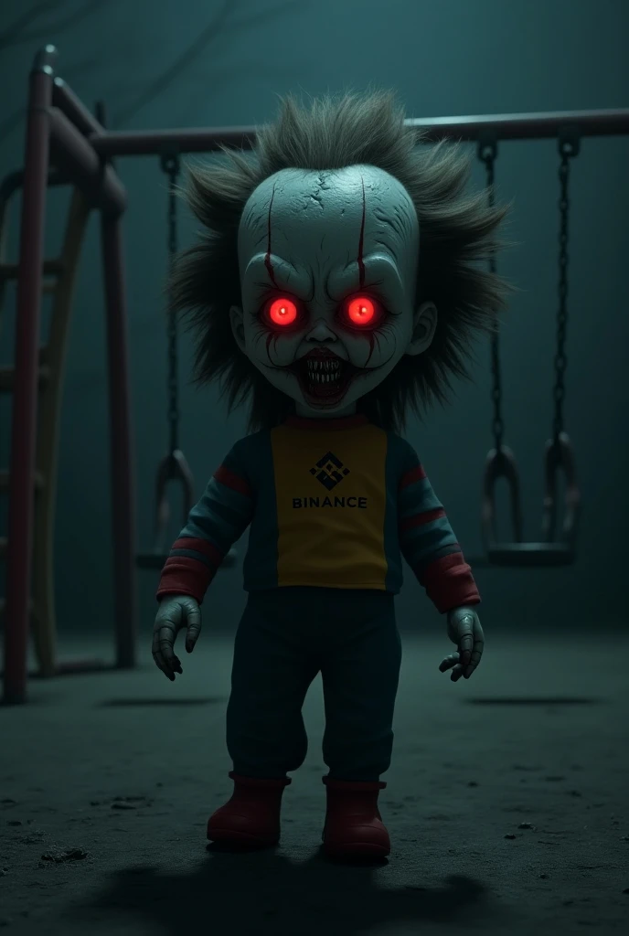 A dimly lit, eerie room with a single, creepy doll-like figure resembling a distorted version of a children's TV character. The figure is seated in an old, worn-out armchair, staring forward with lifeless, black eyes. The character has a pale, almost ghostly face, and is dressed in a red suit with dark gloves. The background is dark and shadowy, with minimal lighting focused on the figure, creating a chilling and unsettling atmosphere. The overall tone is haunting, evoking a sense of dread and unease