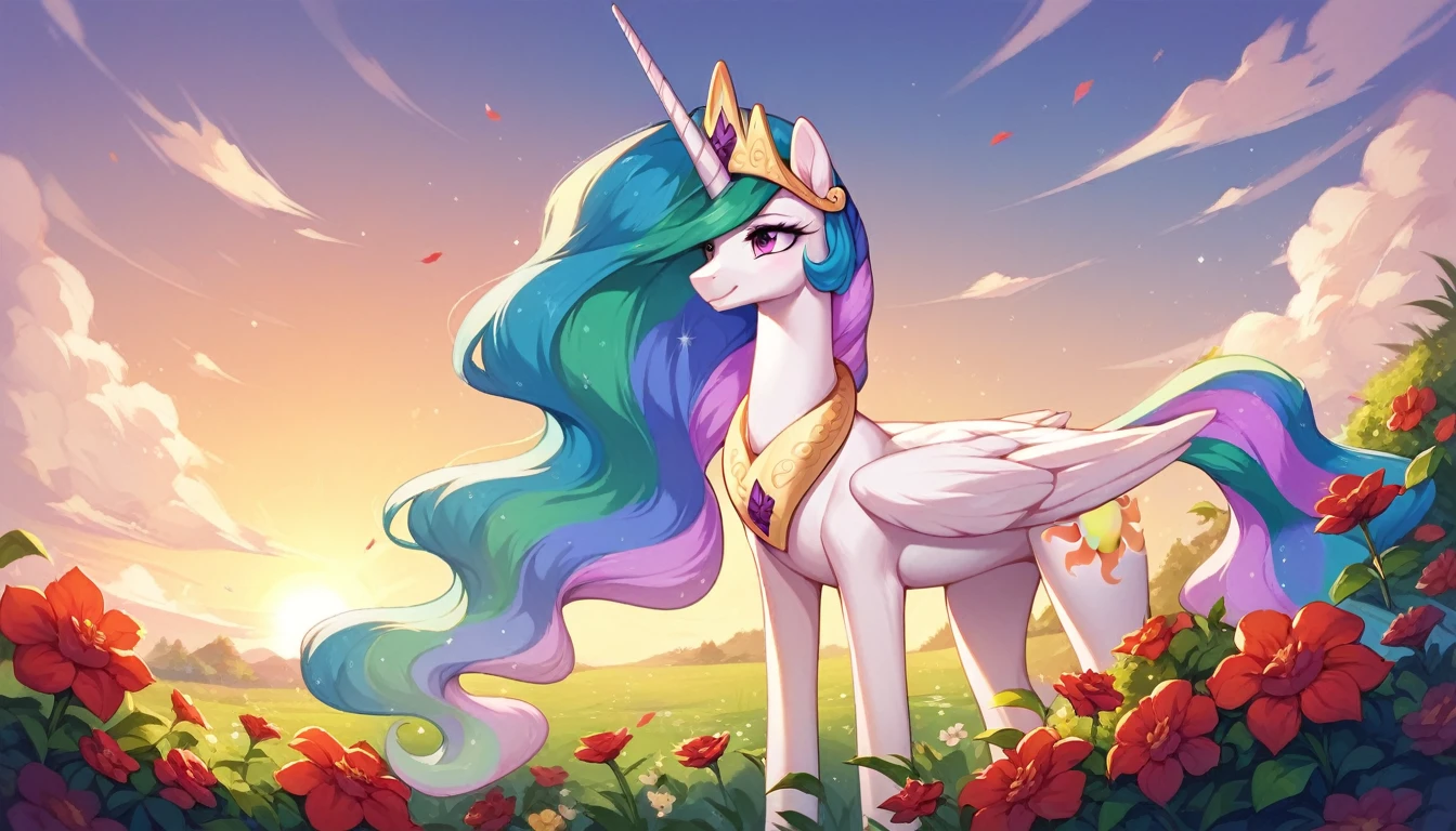 score_9, score_8_up, score_7_up, score_6_up, score_5_up, score_4_up, rating_explicit, outdoors, purple (b34n bodysuit:1.2), solo, feral pony, princess  celestia, evil smile, closed mouth,BREAK mountain, day, sky, flower, mountainous horizon, blue sky, grass <lora:Smooth Anime Style LoRA XL:1> <lora:b34n-animaginexl-1-000009:1.0>
