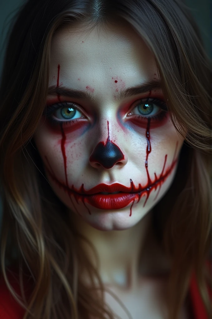 a painting of a woman with a blank stare, her face pale, and dark black blood flowing from her eyes. His lips curved in a smile so scary that it frightened anyone who saw it
