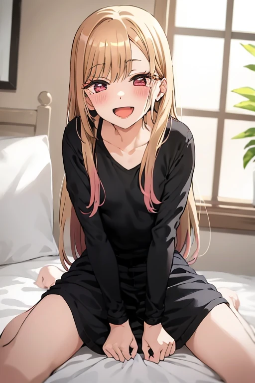 ((Best Quality)), ((masterpiece)), (be familiar with),  perfect face, indoor, bedroom,  watching viewers,
One woman, Kitagawa Marin,
Open Mouth, Ecstatic expression, blush, smile,
Small breasts,  flat chest, , , , Girl,
Long Hair,  long hair,
Leg spread,