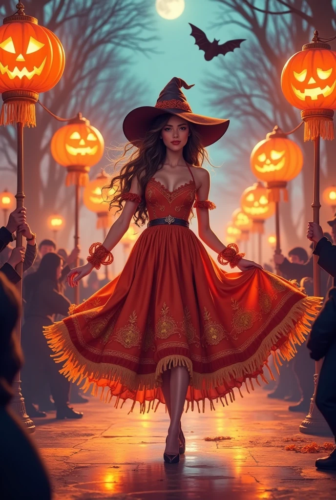 The models are dressed in tassel dresses ， that sway at the pace ， The skirt is adorned with exquisite pumpkin lantern patterns 。 Huge pumpkin lanterns are placed on both sides of the catwalk ，There was a flame burning inside， emits a warm and mysterious light 。 The whole scene is filled with the happy atmosphere of Halloween。