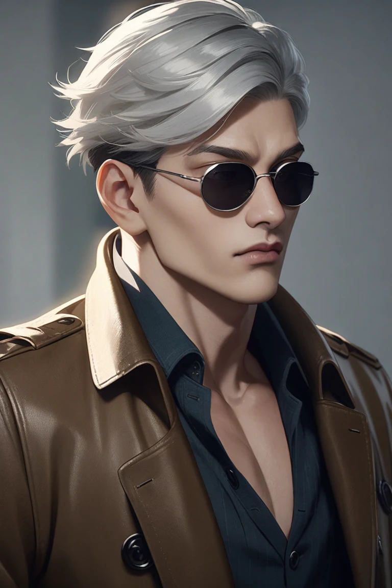 ((Лучшее качество)), ((шедевр)), (подробный), a young mercenary guy of 30 years old with a shaved temples hairstyle with a small tail on the back of his head, white hair, dressed in an old leather raincoat, aviator glasses and with a cigarette in his teeth and with stubble