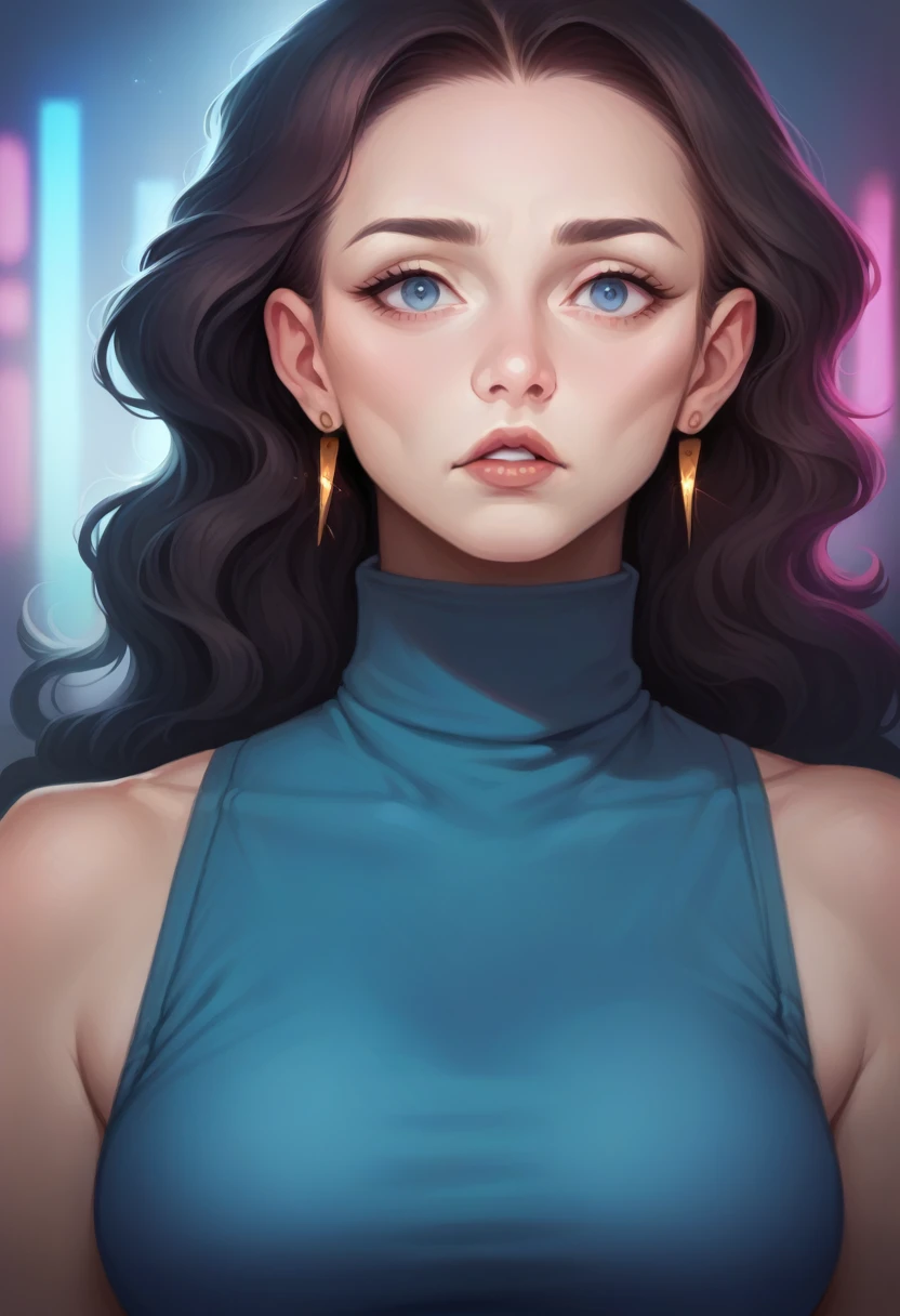 beautiful woman with long dark hair, smooth and slightly wavy hair, blue turtleneck sweater over black tank top, gold pointed earrings, large expressive light blue eyes, fair skin, slightly rosy cheeks, slightly parted lips, curious expression, relaxed posture, slender figure, oval face, 1 girl, high resolution, accurate anatomy, artwork, precise, details, fine details, textured skin, dramatic lighting, cinematic composition, vibrant colors, depth of field, photorealistic