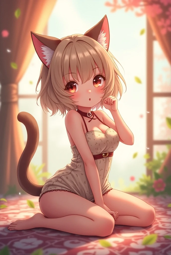1girl, naked, pussy, breasts, nude, blonde hair, red eyes, black cat ears and tail, short hair, bob cut, white skin, slim body, medium breasts