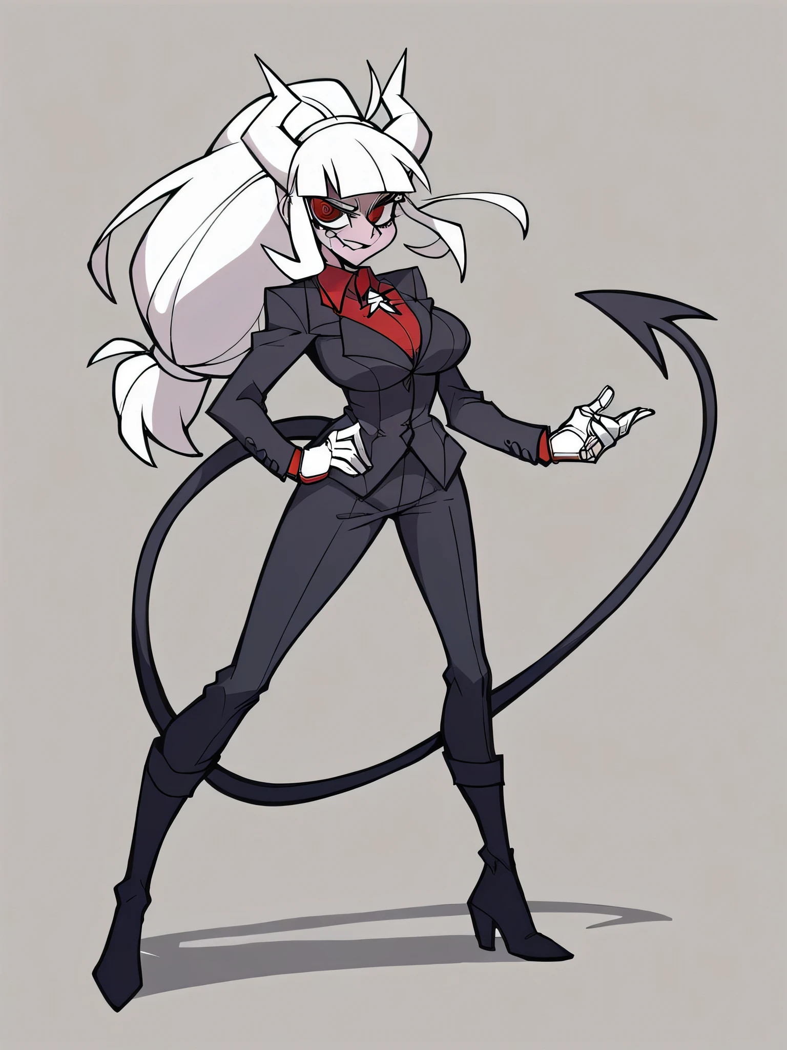 Masterpiece, Best quality, Masterpiece, Best quality, 1 woman , Lucifer (Helltaker) , Long white hair , Red eyes. , Sly face , Suit , กางเกงLong legs , Big Breasts , , abdomen , Long legs , Put your hands on your hips.. , Boots , Full body , I only see the penis..