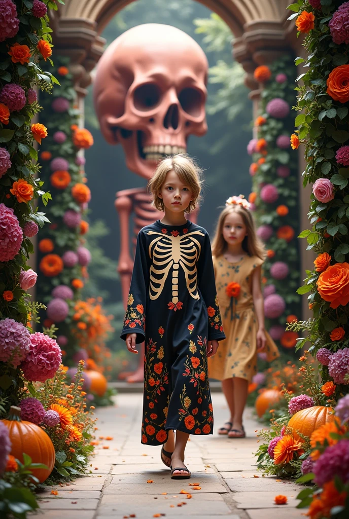  The models wear skull-themed fashion ，, but these skull patterns are cleverly decorated with flowers and vines，A sharp contrast。Huge garlands are placed on both sides of the catwalk ， The center is a skull sculpture made of flowers 。 The whole scene is beautiful and slightly scary ，, which perfectly blends elements of Halloween and fashion 。