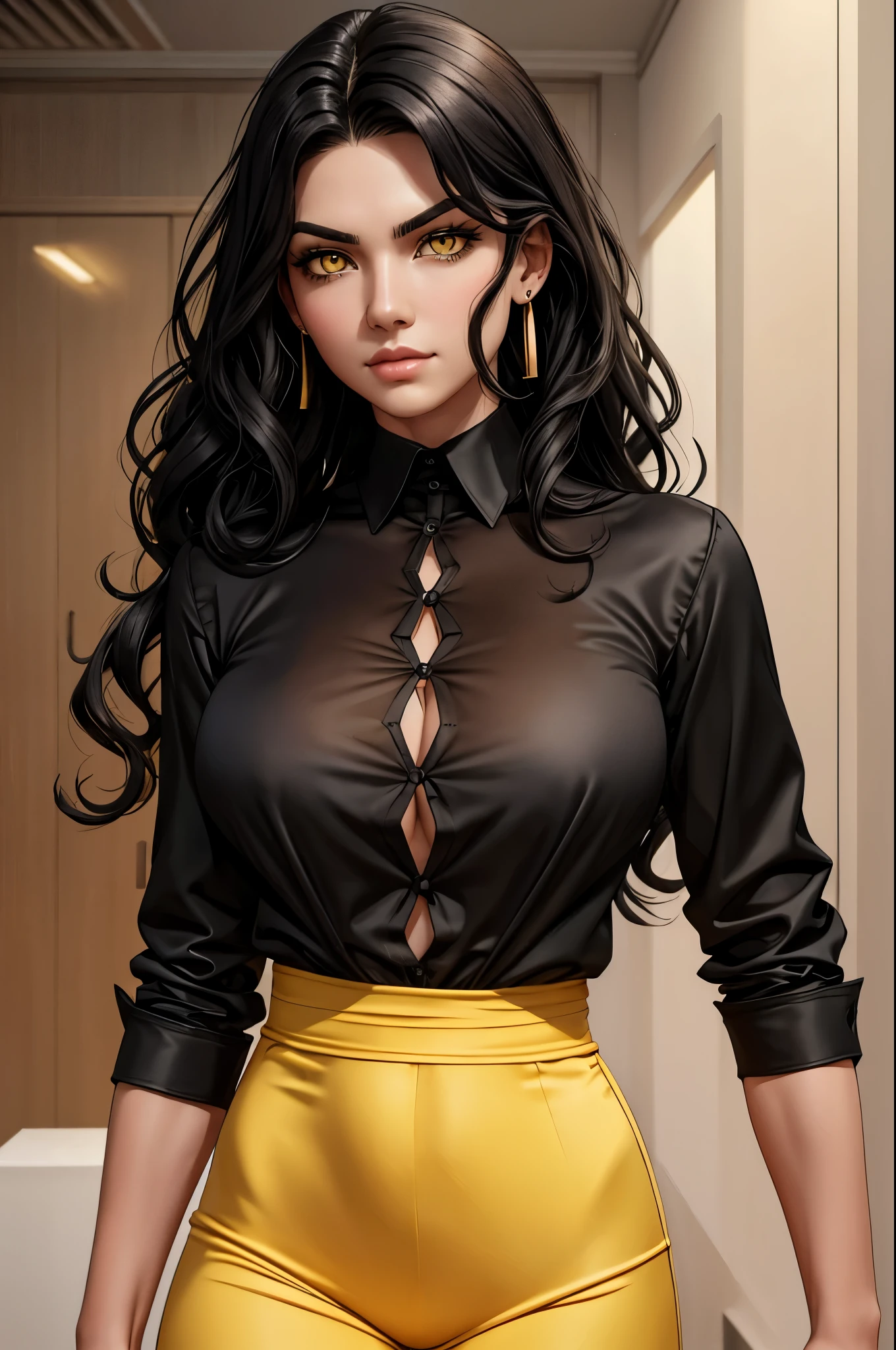 ((18-year-old))), Rita Ora, (((light skin))), (((full body pose))), (((long curly black hair))), (((wearing only a mans long, white, button-up shirt, unbuttoned))), (((seamless, black, pantyhose under the shirt))), dark fantasy, Rich, Deep Colours, (intricate details:0.9), (HDR, hyper-detailing:1.2), (natural skin textures, hyper realisitc, glistening skin, soft light, Sharp),