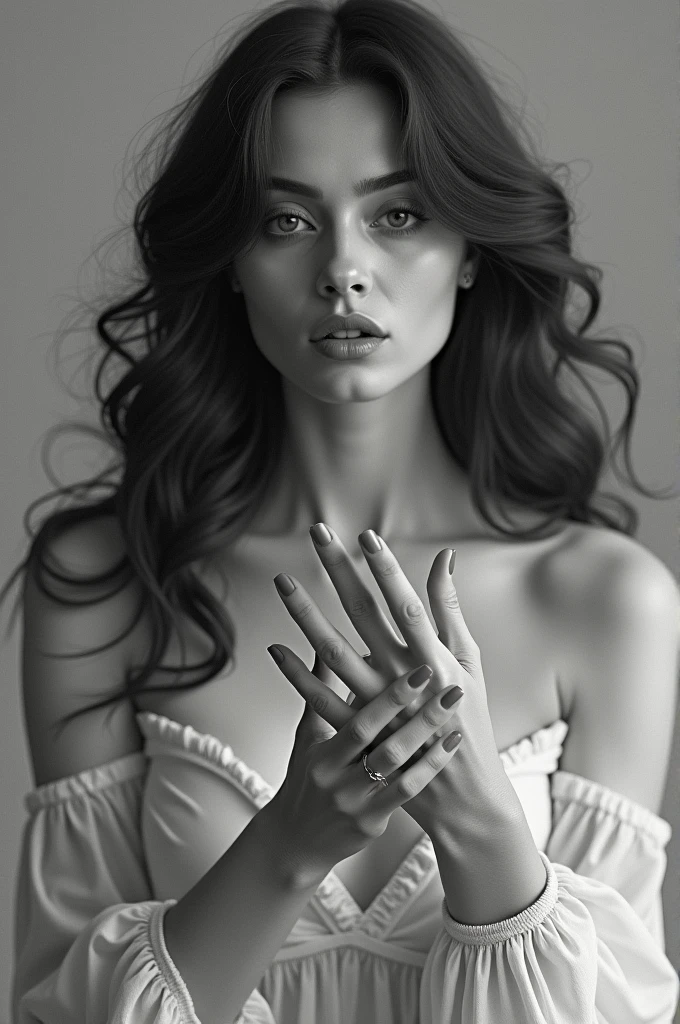 2d art/graphic/illustration of a beautiful woman posing as a model in a minimalist, monochrome style. The image should have soft, muted tones like beige or light brown, with a focus on fine details and shading. The woman should have sharp facial features with long open hair and the composition should highlight her hands with long decorated nails. The overall mood should be elegant and sophisticated, with a touch of modern, sleek design. The background should be simple, allowing the main subject to stand out.