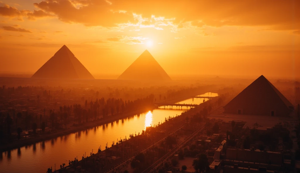 Cinematic film still a A bird's-eye view of Ancient Egypt at dawn,  with the sun rising over the pyramids of Giza and the Nile flowing smoothly. The sky is painted in orange and gold tones ,  as the city's inhabitants begin their day .  The sound of the Nile and birdsong create a tranquil atmosphere .