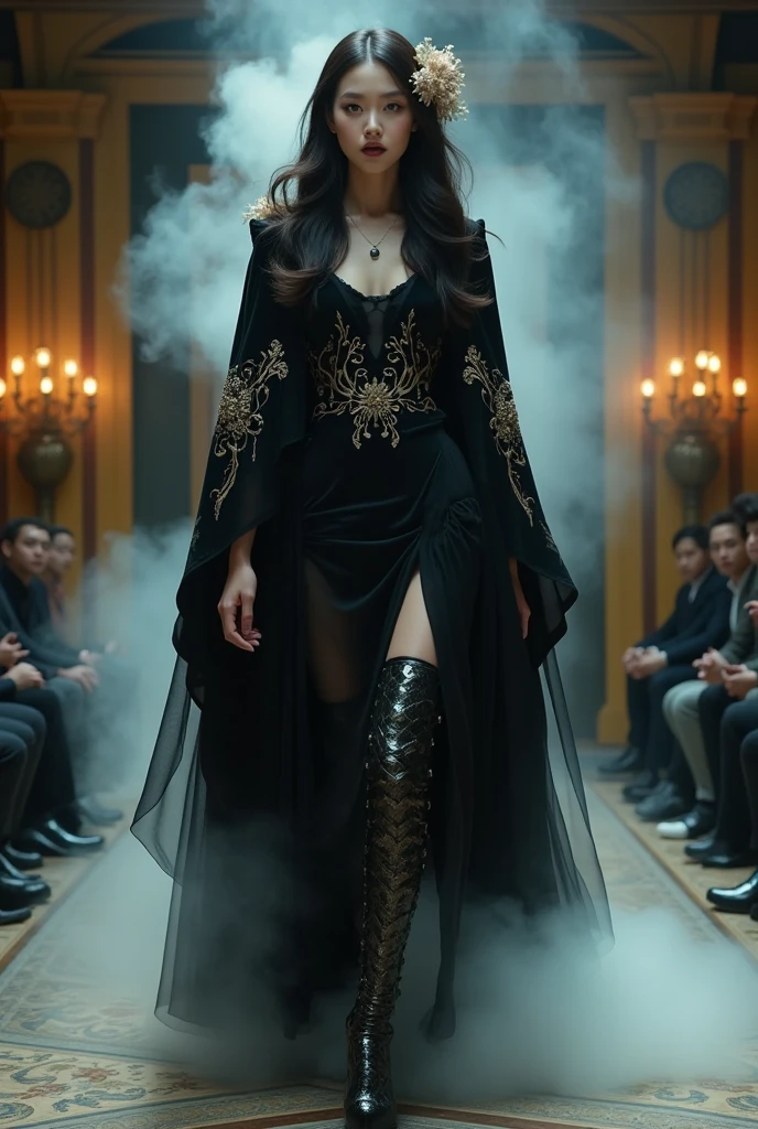 A high-fashion model struts down the runway at an exclusive Halloween-themed fashion show, held in an opulently decorated gothic venue with deep, mysterious shadows and flickering candlelight. She wears an avant-garde ensemble inspired by mythical creatures, featuring a flowing velvet cape adorned with intricate, shimmering embroidery that catches the light like bewitching spider webs. Her dramatic makeup includes bold, dark eyeshadow and deep vampiric lipstick, enhancing her ethereal and enigmatic presence. The striking silhouette of her ensemble includes touches of iridescent scales, mimicking the allure of a siren. Her towering, custom-made boots are detailed with subtle bone-like embellishments, each step echoing with a quiet, haunting elegance. Her hair cascades down like a waterfall of dark silk, adorned with delicate, bone-dry flowers to complete this mesmerizing look. As she pauses at the end of the runway, smoke swirls around her, creating an enchanting and atmospheric scene captured in meticulous, lifelike detail.