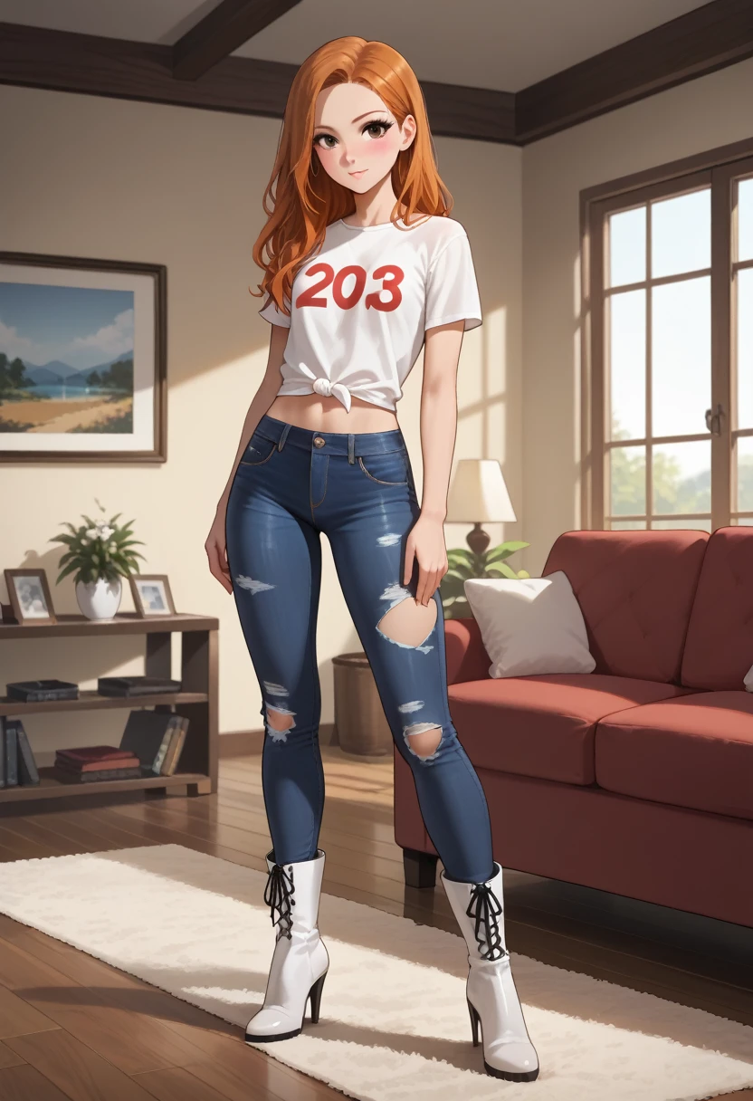 score_9, score_8_up, score_7_up, ((brown eyes, long hair, ginger hair, silky hair, straight hair), blushing), (front view, full body, portrait, (short white tee shirt, knot in tee shirt, fully clothed, jeans, ripped jeans, casual outfit), living room, indoors, standing in front of the sofa, boots, white boots, heels, (petite), 19 year old, ((solo))