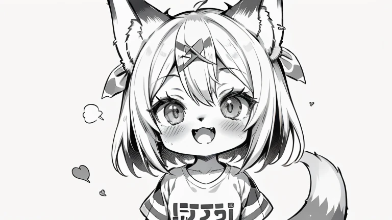 ( masterpiece,  High quality,  Better quality, 8k,  High resolution ), ((chibi style, Chibi cute)), (Alone, A girl  ), {fox girl, Fox Face, 2 fangs , long eyelashes, eyeliner} {fox mustaches }, ((( Fox skin all over the body ,  fox stripes on the body ))), short hair,  Cherry Blossom Style Hair Clip, [[Grampo de cabelo white flower on hair]], ((very happy)), ((open mouth)), [black pupil], ((Olhando para cima)), (  Very small breasts  ), thin arms, ( one arm up ,  one arm down ), armpits, ((Mini T-shirt,  full white t-shirt )), {shorts brancos}, {{{Mini Fox Tail ,  tail on the back }}}, ( Whole body), (((standing,  choppy heel angle ))),  dynamic pose , white background,  simple background , (((( Tora-chan style on Hanayome )))), (( monochrome color , grayscale)), ( old anime style from the 1940s), ANIME STYLE,  manga color .