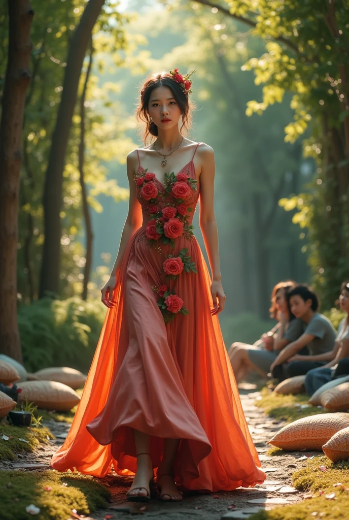 In a mystical garden setting reminiscent of a world untouched by time, a fashion show unfolds amid willowy trees and a carpet of velvety moss. Here, a beautiful woman emerges, the embodiment of spring’s awakening, her gown crafted from the finest silks, adorned with blooming roses and delicate vines. Her steps are as graceful as the dance of petals in the gentle breeze. Her complexion mirrors the soft blush of dawn, while her lips, as crimson as ripest cherries, offer a tantalizing hint of forbidden fruit. Surrounding her, the air is alive with the melody of songbirds and the gentle ripple of a brook, as sunlight dapples through leafy canopies. The audience, seated upon intricately woven cushions, are spellbound, their hearts beating in rhythm with nature’s symphony. This enchanting tableau, an alchemy of beauty, fashion, and nature, invites you to witness a vision where dreams and reality entwine.