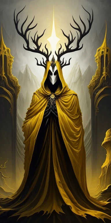 A surrealist paint splash painting，A spooky god in a cloak and mask，deer antlers，tiara crown，In the background is a magnificent shrine，golden colored，White and black color scheme，（abstract res：1.2）