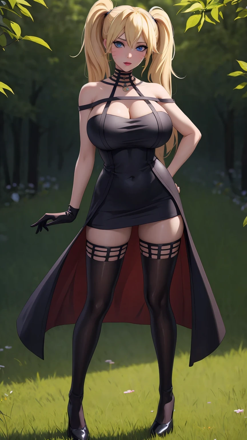 masterpiece, best quality, extremely detail 8k cg, high resolution, 1girl, narukouzumaki, twintails, wisker marks, blonde hair, blue eyes, perfect eyes, slim body, huge breasts, fakebreasts, standing, black dress, black thighhighs, black gloves, seductive face, outdoors, garden, night time, beautiful face, wide shot photo, full body