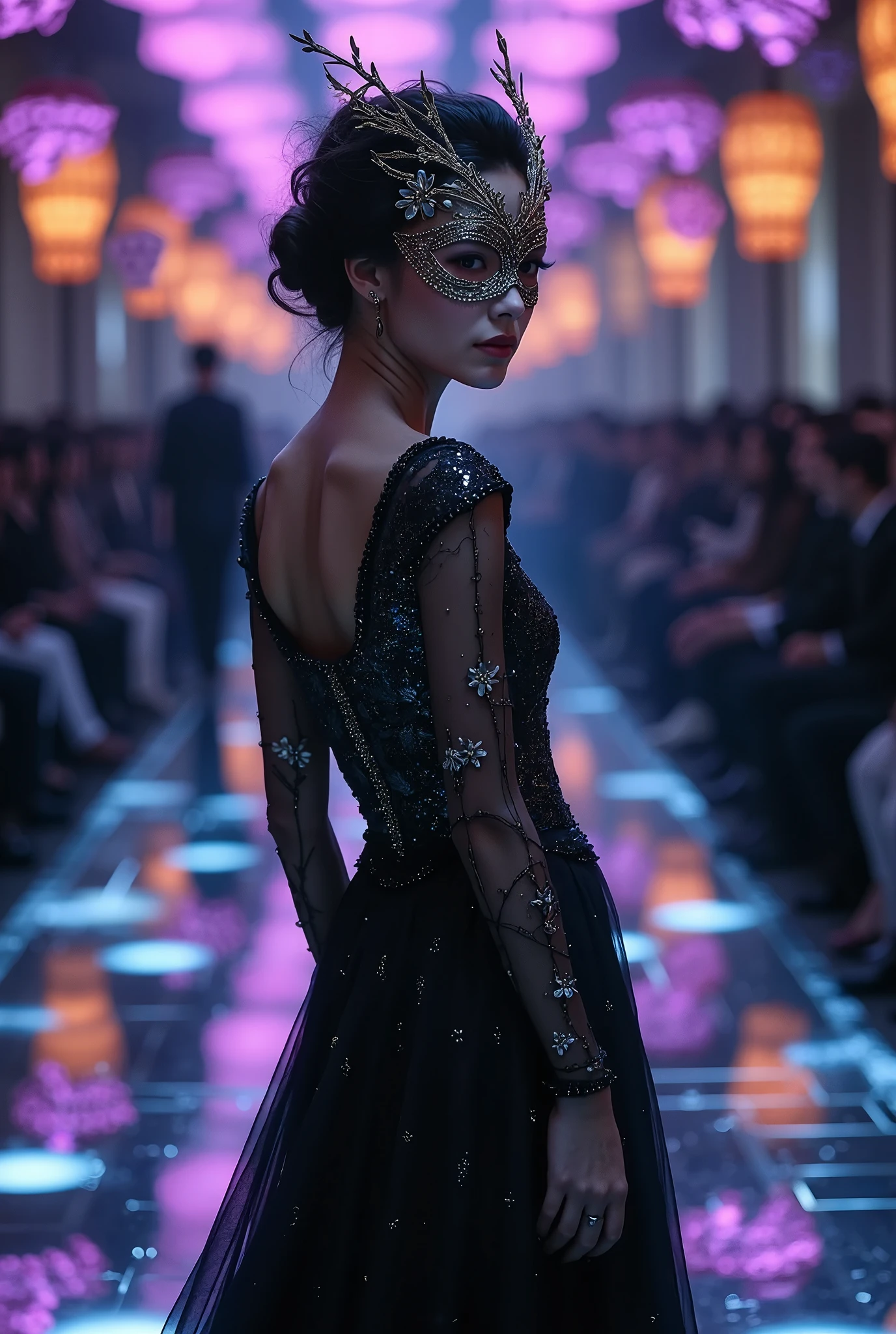 In a magical Halloween-themed fashion show that resembles a grand masquerade ball, a female model glides down a pathway of obsidian glass, each step echoing with the soft rustle of silk and the eerie melody of a string quartet. Her evening gown, a masterpiece of design, is ablaze with twilight colors — deep purples transitioning smoothly into dark blues and blacks, resembling an endless night sky. The dress is intricately detailed with shimmering sequins and pearls, artfully arranged to mimic constellations. Her full-face mask, a sculptural work of art on its own, is crafted with delicate metal filigree intertwined with haunting motifs of both flora and fauna found only in the darkest corners of imagination. Her eyes, framed with dramatic, coal-black lashes, glitter through the mask’s openwork like stars in an inky firmament. Her hair, styled in elaborate curls, is adorned with subtly gleaming gold sprigs. This encapsulating scene of fashion and fantasy is depicted with the precision and realism of an exquisite photograph, offering an immersive experience into the haunting beauty of the show.