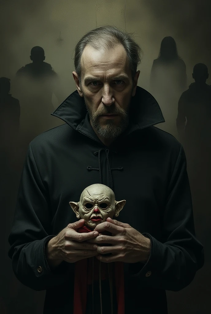(best quality, masterpiece, highest detailed), (photorealistic:1.2), (detailed light:1.2), (Realistic skin texture:1.4), raw photo, horror, horror photo, old ghost, man, ghostly creature, dark figure, bony, bony face, decrepit dead skin, pale skin, black robe, standing in the back of a dark room, darkness, gothic lighting, looking at the viewer, scary red eyes