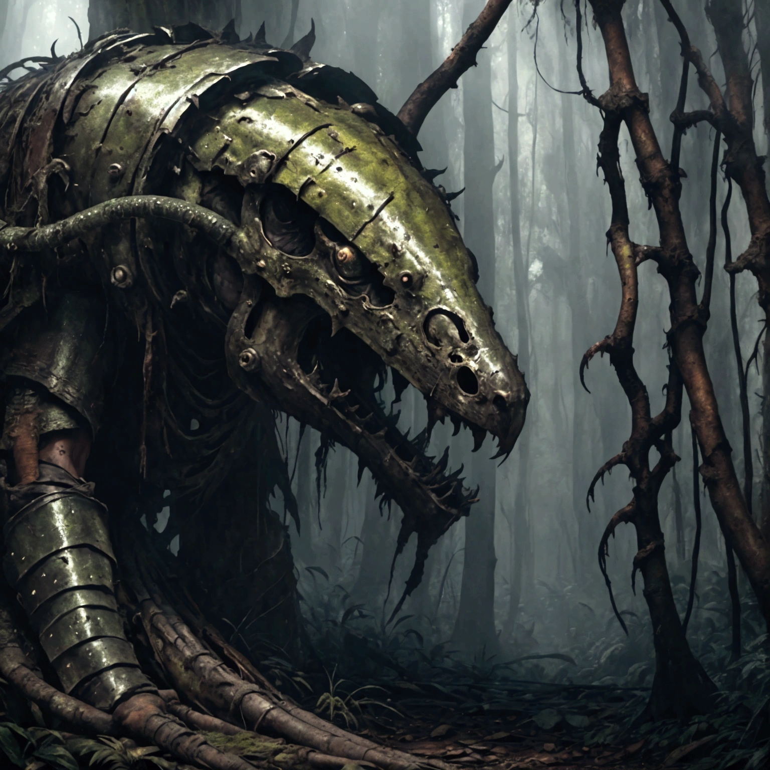 a rusting abandoned ship in a dense forest, highly detailed, 8K resolution, photorealistic, dramatic lighting, grungy atmosphere, overgrown plants, moss-covered hull, peeling paint, rust textures, snake scales, muscular python bodies, menacing glares, dramatic shadows, moody color palette, cinematic composition, masterpiece