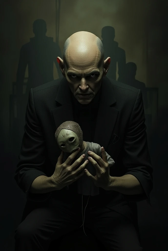 a bald man with yellow teeth, sad expression, with a horse with an extremely large penis, detailed photo, hyper realistic, 8K, cinematic lighting, dark moody colors, highly detailed, intricate background, surreal, bizarre, unsettling, grotesque, masterpiece