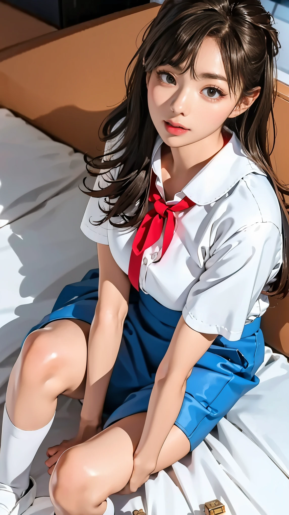 (( Top Quality, 8k, masterpiece:1.3, Realistic:1.3)), {{lying in bed, From above,  Takimakura }}, japan , single woman,   Very light brown hair , With bangs, (japan Uniform, socks,  thick thighs, Save the song on cotton ),  Very detailed face and skin texture, Beautiful eyes, Lip details,  The hair is very well drawn ,  Facing the s , In the heat, A confused look,  Natural makeup :1.0,Skirt Flip,Stockings,