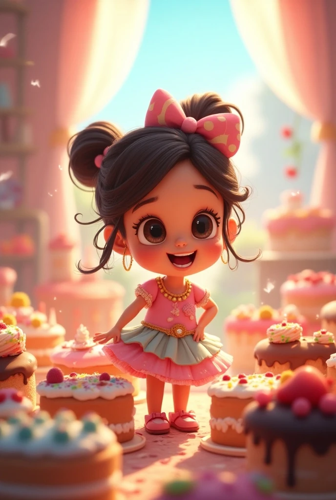 A  with light brown skin, short straight hair, and bright black eyes with a purple bow. ,She will wear sneakers with pearls and a dress with colorful details, a cute cake theme, with purple. 