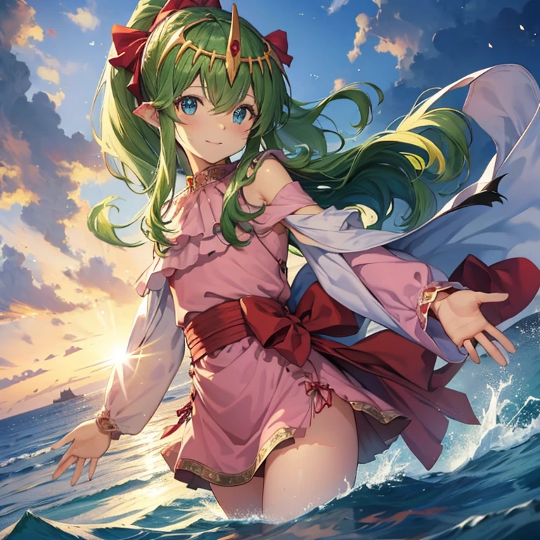  best quality, High Resolution , Super detailed,Game CG, Dutch angle , beautiful detailed eyes,Ichiki_,Alone,Light Smile, flat chest,small,skinny,pink robe , Staring at Viewers , cowboy shot,Walking on Water,Cosmos,Fantastic World, lens flare、On the Sea、The whole scene is shining、illumination、、Between the horizon and the sea