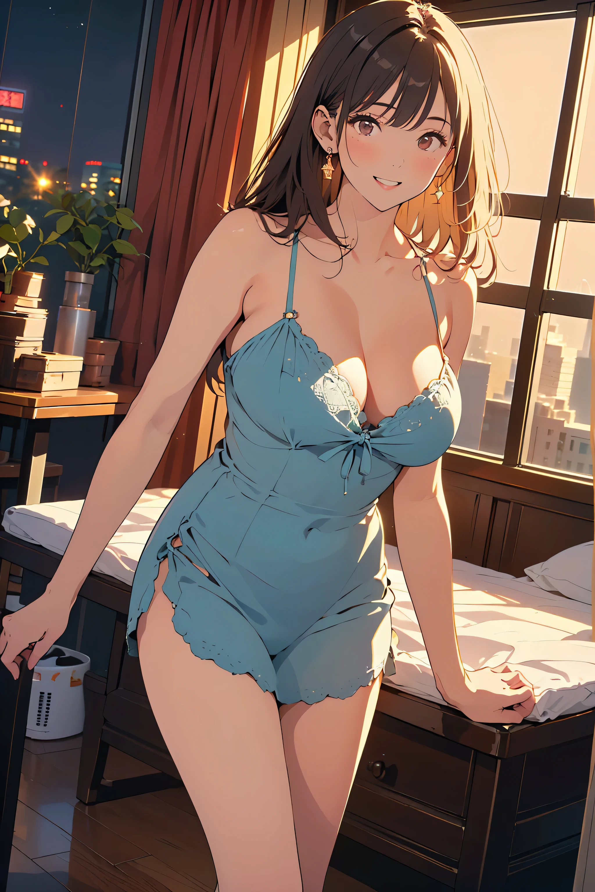 dominique_de_sade, breasts, 1girl, cleavage, earrings, bare_shoulders, smile, bangs, jewelry, thighs, sidelocks, looking_at_viewer, blush, dress, huge_breasts, naked_towel, collarbone, grin, "Photorealistic, Hyperrealistic, Hyperdetailed, analog style, soft lighting, subsurface scattering, realistic, heavy shadow, masterpiece, best quality, ultra realistic, 8k, golden ratio, Intricate, High Detail, film photography, soft focus"