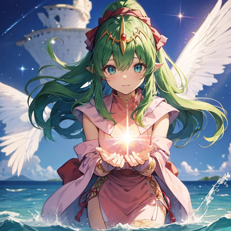  best quality, High Resolution , Super detailed,Game CG, Dutch angle , beautiful detailed eyes,Ichiki_,Alone,Light Smile, flat chest,small,skinny,pink robe , Staring at Viewers , cowboy shot,Walking on Water,Cosmos,Fantastic World, lens flare、On the Sea、The whole scene is shining、illumination、、Between the horizon and the sea, (Perfect hands,  Perfect Anatomy)