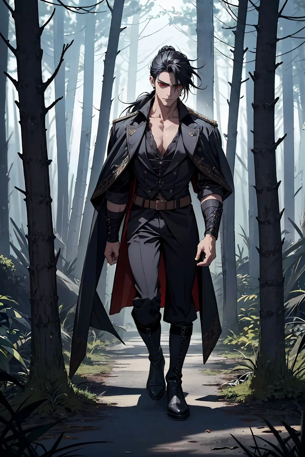 A mysterious and handsome young man (he is a captivating and masculine looking pirate), (his hair tied in a low ponytail, black as coal, his body masculine, wearing pirate clothes, pirate boots, pirate costume, holding a black sword stained with blood), is Standing in the middle of ruins deep in a dangerous forest, on the ground there are monsters and blood. His red eyes glow in the dark. The darkness of the forest hides his presence, in the dark of the night, Full body angle from head to shoes, Height 195 cm, mysterious and attractive, Fantasy character, the lighting of the scene is dark and creepy.
