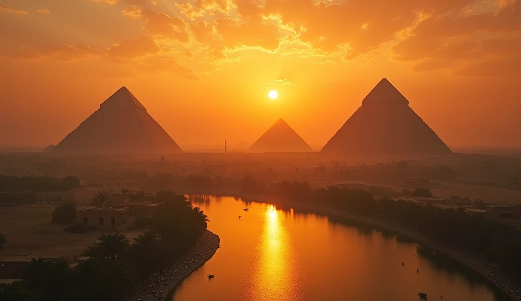 Cinematic film still a A bird's-eye view of Ancient Egypt at dawn,  with the sun rising over the pyramids of Giza and the Nile flowing smoothly. The sky is painted in orange and gold tones ,  as the city's inhabitants begin their day .  The sound of the Nile and birdsong create a tranquil atmosphere .