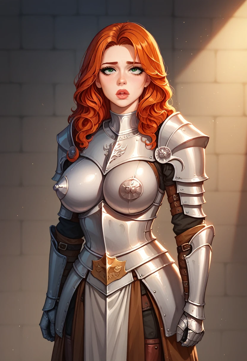 beautiful detailed eyes, beautiful detailed lips, extremely detailed eyes and face, long eyelashes, 1girl, knight armor, redhead, exaggerated breasts, full body shot, medieval, intricate armor details, shiny metallic armor, heroic pose, dramatic lighting, cinematic, dark fantasy, dramatic shadows, moody colors, dramatic chiaroscuro
