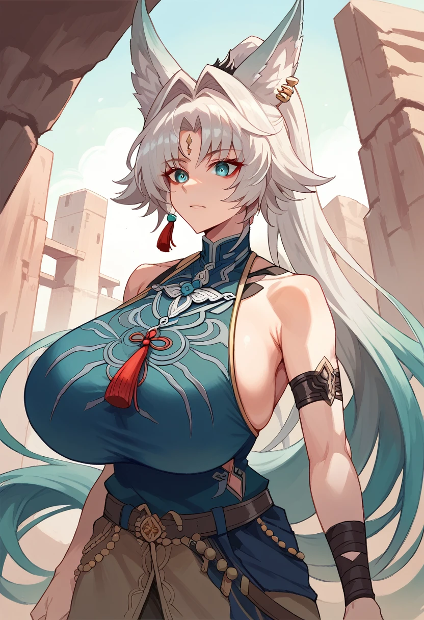 A girl who wears ((desert military uniform)), brown heirs,FeixiaoDefault, animal ears, long hair, ponytail, gradient hair, white hair, blue eyes, gold forehead jewel, ear piercing, tassel hair ornament, tassel earring,thight strap,arm strap, gigantic breasts, anime cartoon, german third reich, long heirs,((highest quality)), ((masterpiece)),details, bleu eyes
