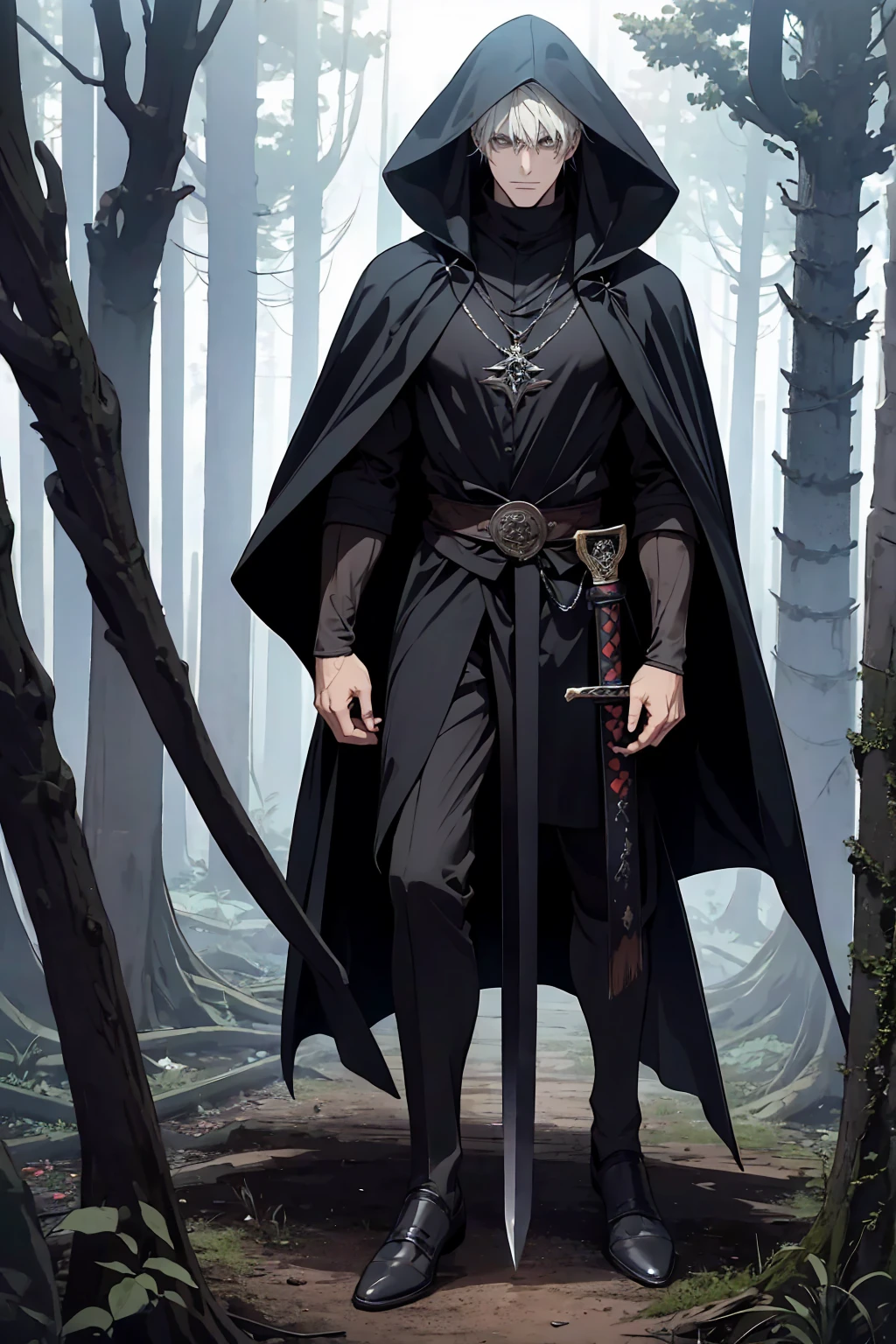 High resolution, Masterpiece, Super detailed, Full body display, Full body angle from head to shoes, Fantasy characters, 1 man, Dirty and rough black hood and cape, Height 195 cm., Weight 75 kg., Holding a sword. Very Big Sword, Black Sword, similar to Diablo style, the lighting in the scene is dark and creepy, (dark forest, scary forest, ancient castle ruins).
