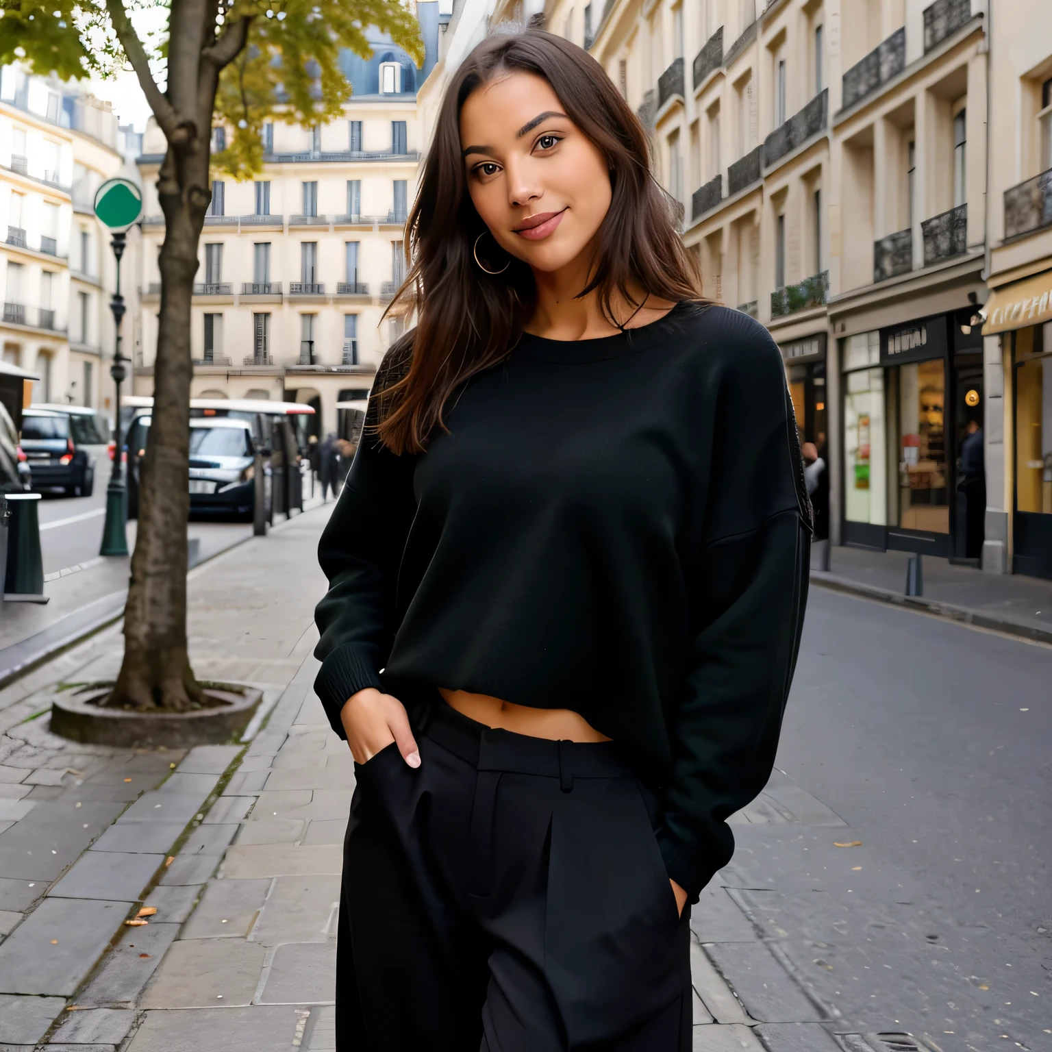 Belle brune portant un sweat shirt gris en train de poser dans la rue, très détaillé, 22 ans, visage innocent, cheveux ondulés naturels, yeux bleus, haute résolution, chef-d'œuvre, Meilleure qualité, détails complexes, très détaillé, mise au point nette, peau détaillée, texture de peau réaliste, texture, yeux détaillés, professionnel, 4k, Sourire charmant, filmé sur Canon, 85 millimètres, faible profondeur de champ, Couleur Kodak Vision, corps parfaitement ajusté, extrêmement détaillé, photographier_\(ultra\), photoréaliste, Réaliste, Post-traitement, détails maximum, rugosité, vrai vie, ultra réaliste, photoréalisme, photographie, 8k euh, photographie