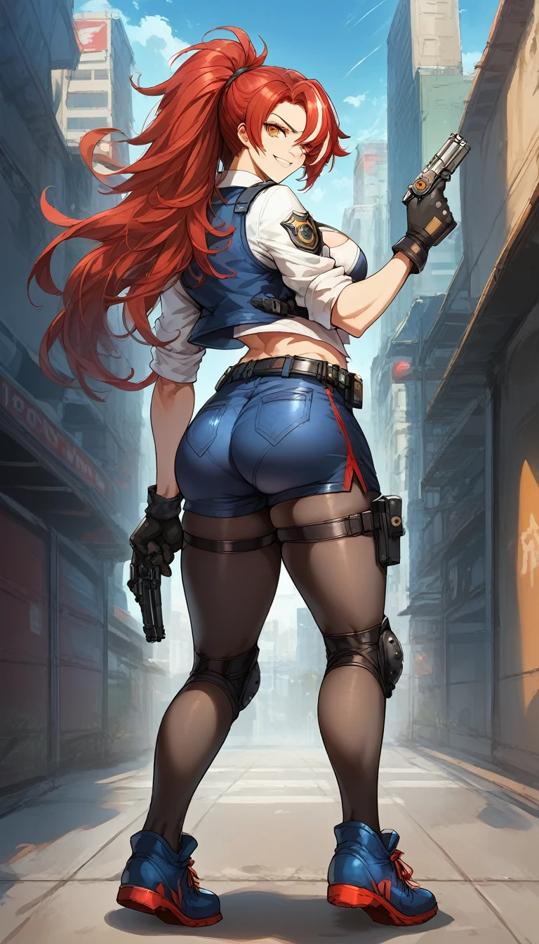 ultradetailed, 1 girl, Zhuyuan , Zenless Zone Zero, ( Better quality), (( masterpiece)), (highres), 16k, orange eyes, perfect face,  long hair , Red hair, hair with highlights,  wearing police uniform ,  wearing butt shorts ,  bicolor vest , thigh strips, knee pads, coldre, black gloves, belt,  black tights , blue shoes, busty body,   big boobs and a gorgeous ass, showing cleavage, legs, quadris, pistol, holding pistol,  looking at the viewer, smile,  detailed full body ,  Thigh details ,  city background