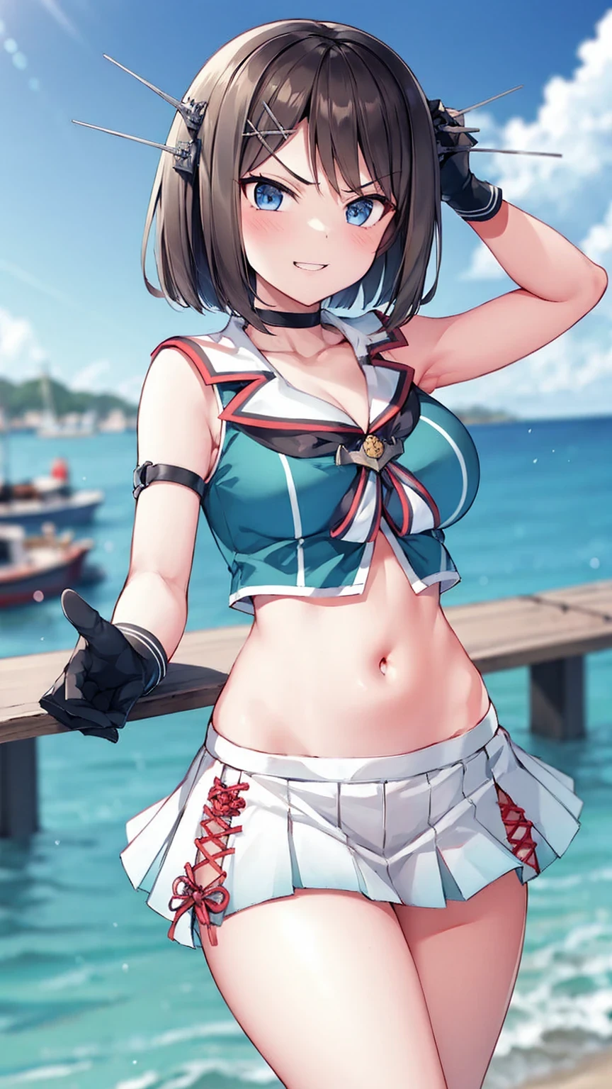 best quality, integrated scenery, integrated background, extremely delicate and beautiful, meticulous details, good composition, , cute face, perfect face, perfect hands,an anime style ,1young__ girl, brown_hair, medium_bob_hair, blue_midriff_baring_sailor_uniform, mini_skirt, short_sleeve, thighs, large_breasts, (angry_eyebrows:0.8),big_smile,standing,open_legs,large_eyes, harbor_background, slightly_spread_legs, happiness, short_gloves,headgear,(abs:0.7)