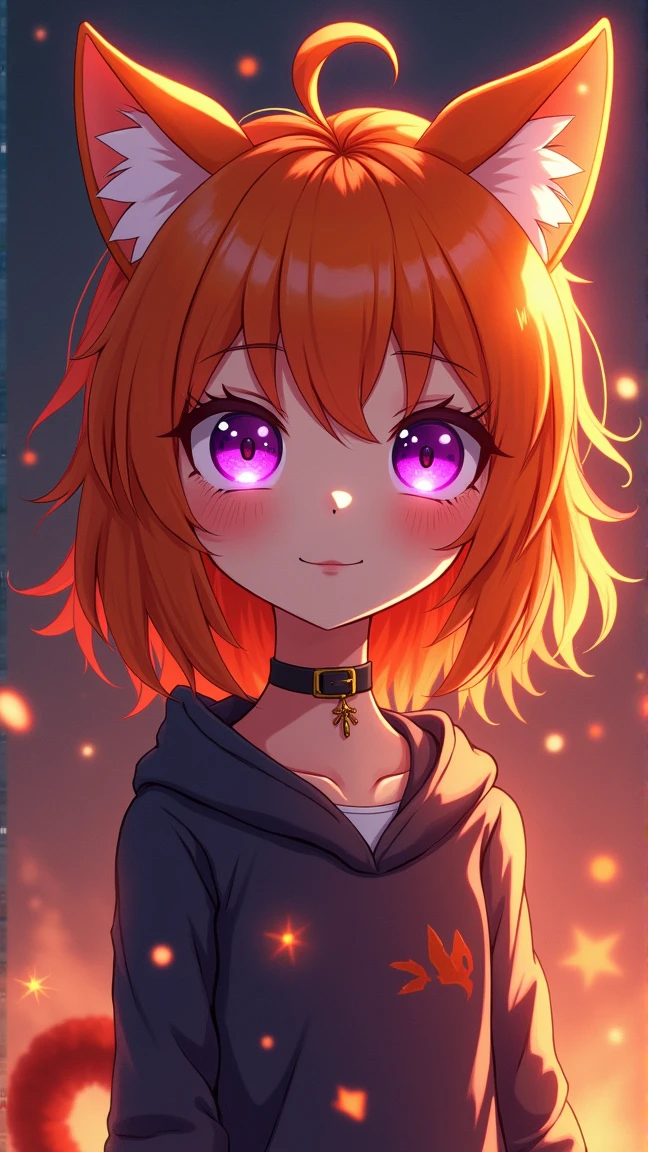 (masterpiece:1.5)0.9], Orange hair, Purple eyes, Phoenix, warrior, fire, (Colored stars in the eyes:1.0) (A radiant glow:1.1), cat ears, loli body, , Prettiest ((pre-teen)) girl, cutest girl, beauty girl on the living room, age 10 