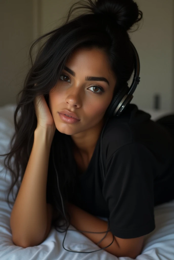 Adriana Lima look a like, sitting up in bed with her headphones on. Wearing white top