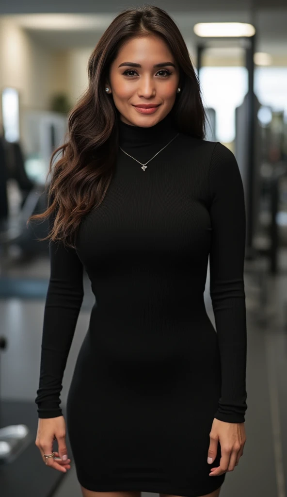 The background is the Fitness room, A stunning woman with dark eyes and delicate facial features poses solo in a tight black dress (turtle neck, simple, long sleeves) and heels. Her shy smile hints at nervousness and embarrassment as she stands confidently, her glamorous body type showcased by the masterful composition. Wavy brown hair falls down her back, framing her flawless skin and sharp jawline. Tiny earrings and a simple necklace add subtle flair to her makeup-free complexion. The photorealistic image is rendered in 16k resolution with ultra-detailed textures, capturing every detail of her beautiful eyes, including the subtle crinkling at the corners as she smiles. The full-body shot, reminiscent of a classic cowboy pose, puts the viewer's focus on her stunning features and captivating gaze.