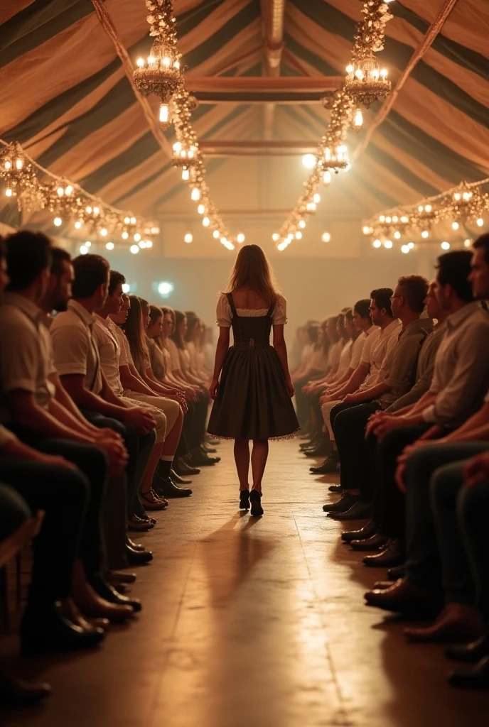 A young pretty 18yo girl, at an apocalyptic talent show, messy mansion, bullied and humiliated by young survivors, from behind, cinematic, sharp focus, intricate, dramatic light, (abstract narrative:1.1), Canon EOS 5D Mark IV, high emotional impact, experimental photography