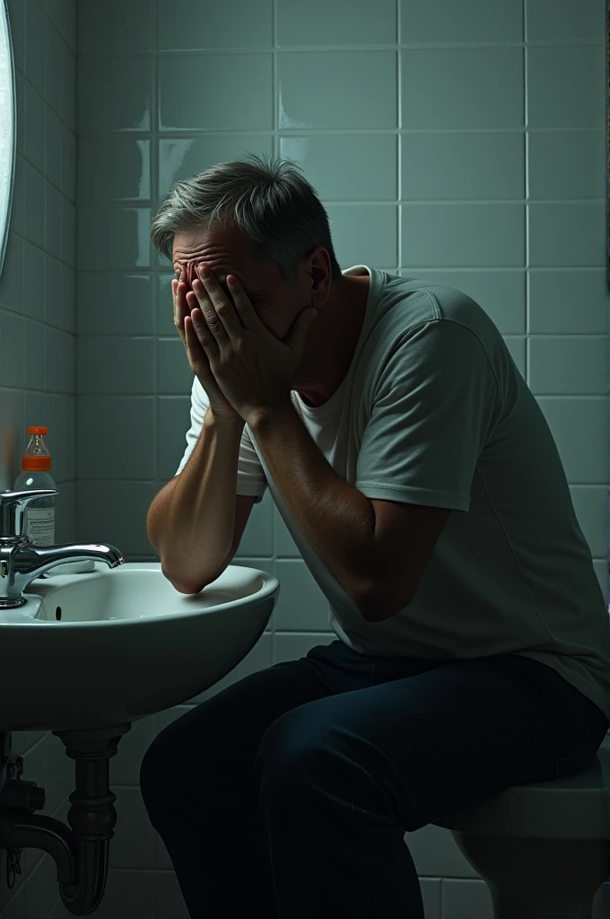 A crying man sitting in a dark shower with the shower running, with one hand on the head the other hand extended on the ground with a ring in the hand