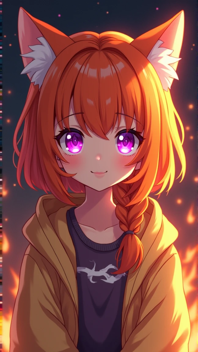 (masterpiece:1.5)0.9], Realistic, Orange hair, Purple eyes, Phoenix, warrior, fire, (Colored stars in the eyes:1.0) (A radiant glow:1.1), cat ears, loli body, , Prettiest ((pre-teen)) girl, cutest girl, beauty girl on the living room, age 10