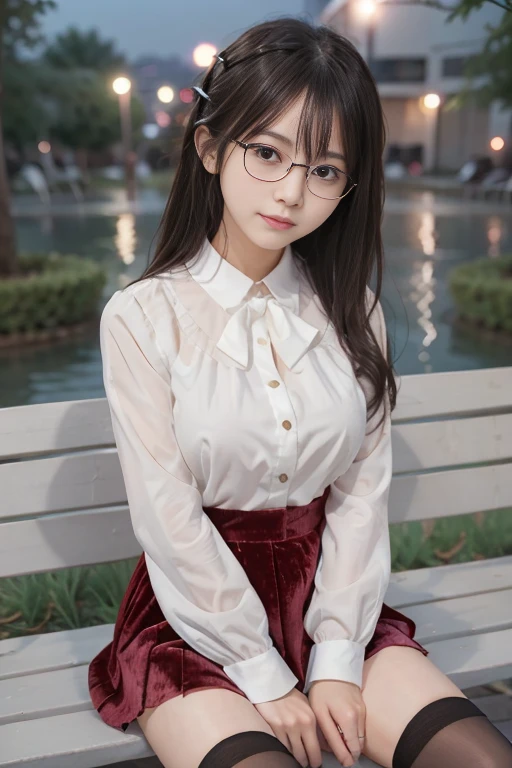 ((8K images)), ((Full body image)), masterpiece,  High Resolution , Best Quality,  attention to detail, Textured skin, Middle-aged Japanese crossdresser Mii-chan, ((Glasses)), Black Hair,  medium hair ,  straight hair, Smile, ((White Plain Button Long Sleeve Blouse)), ((Flared burgundy velvet mini skirt)), ( black knee-high socks ),  black loafers , (( and spread your legs)),  white panties, Beautiful Face,  beautiful eyes, Night Park, Sit on a bench, Hide your hands, Beautiful Dark Night ,