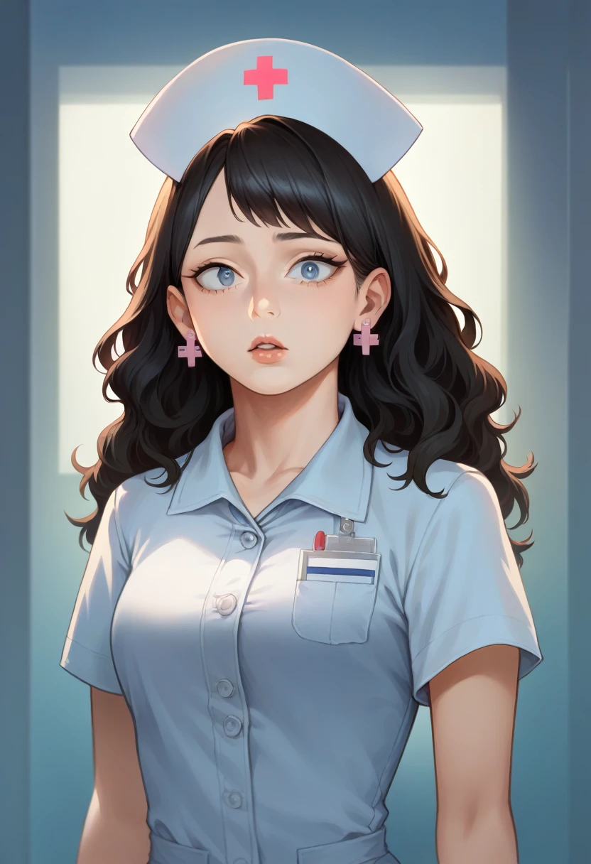 beautiful woman with long dark hair, smooth and slightly wavy hair, nurse uniform, gold pointed earrings, large expressive light blue eyes, fair skin, slightly rosy cheeks, slightly parted lips, curious expression, relaxed posture, slender figure, oval face, 1 girl, high resolution, accurate anatomy, artwork, precise, details, fine details, textured skin, dramatic lighting, cinematic composition, vibrant colors, depth of field, photorealistic, My Hero Academia, anime girl, oc