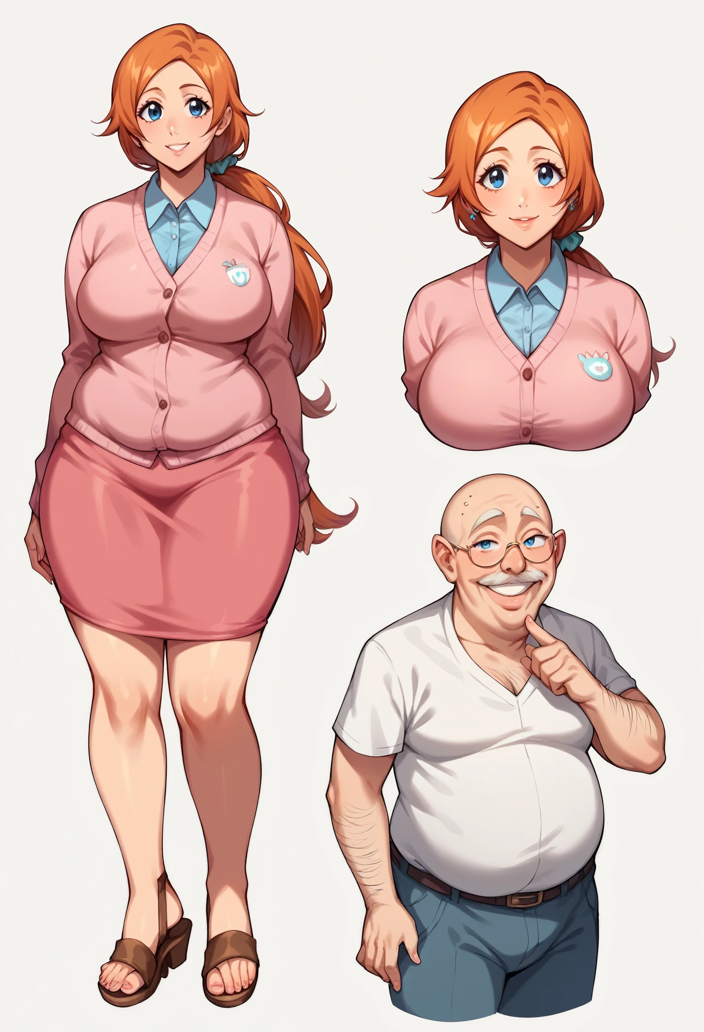 masterpiece,best quality,1girl,mature female,large breasts,wide hips,thick thighs,orihime_kurosaki,blue eyes,orange smooth straight hair,long loose low ponytail,hair scrunchie,housewife clothings,cardigan,pink tees,midi skirt,homey sandals,smile, simple white background, full body, character sheet - identical wearing front & back view side by side, BREAK, with very old bald ugly homeless old man with hairy body, lecherous ugly tanetsuke oji-san (japanese bald ugly old fat man with potbelly and large girthy veiny penis), the old man is look-a-like Shigeo Tokuda:1.3, front girl - back old man,