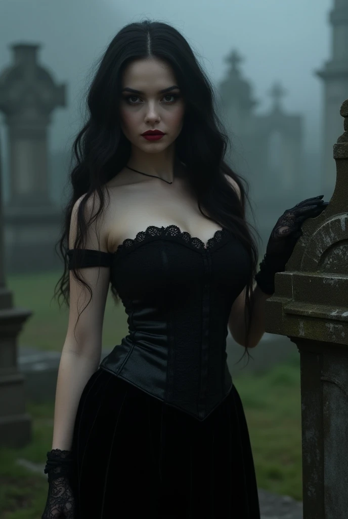 gothic girl, dark makeup, white eyes, long black hair, black lace dress, sin collar, corset with small skull buttons, Wicca sexy. Gothic style, Beautiful necromancers. frontal, Beautiful necromancer. Background a dark gloomy cemetery.
