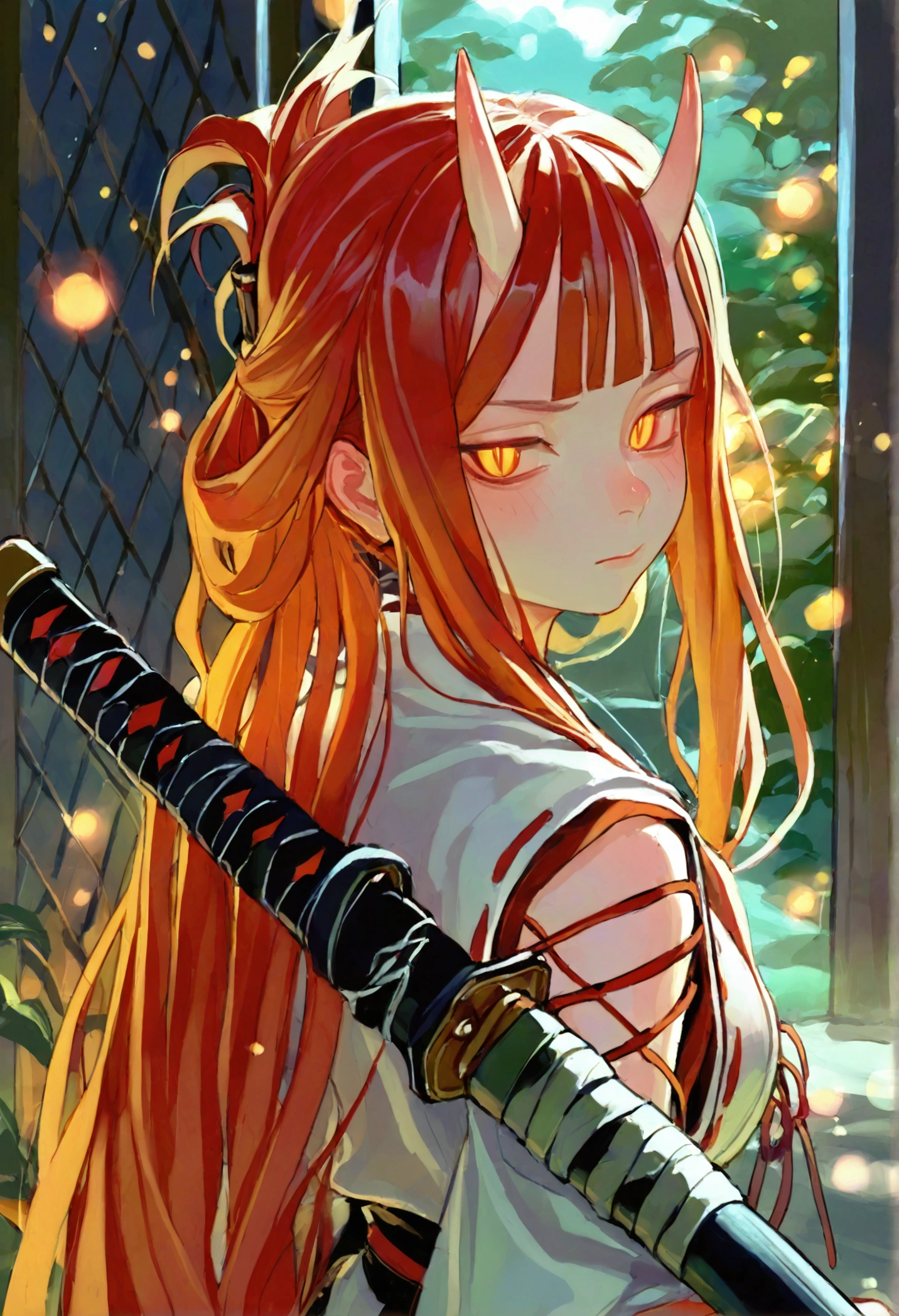 fkey,ciloranko,1girl,adult,mature female,tall female,long hair,red hair,folded ponytail,blunt bangs,yellow eyes,glowing eyes,slit pupils,(angry:0.6),(half-closed eyes:0.8),medium breasts,holding sword unsheathing,nontraditional miko,light particles,lens-flare,cinematic lighting,depth of field,deep glow effect,skindentation,oni horns,iaidou,low stance,crouching,, score_9,score_8_up,score_7_up