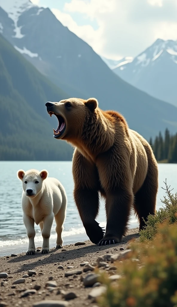 NSFW. ((Nude.)) Anna, Frozen, licked by a polar bear, snowy landscape, (depth of field) ((best quality)), ((masterpiece)), (detailed)