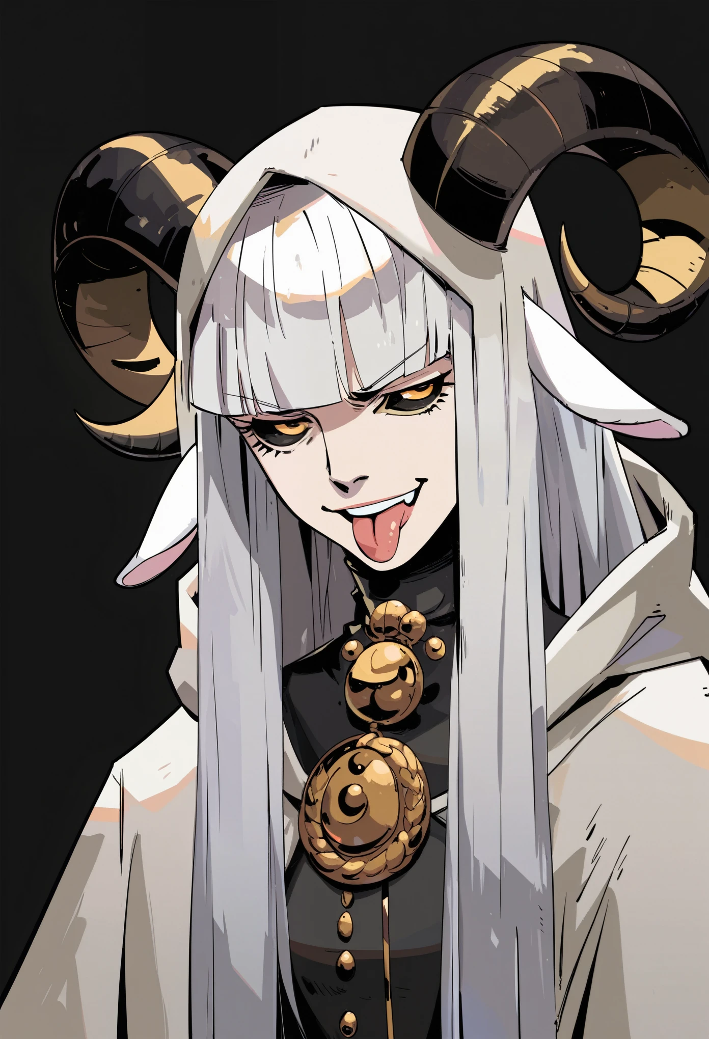 Masterpiece, best quality, score_9, score_8_up, score_7_up, score_6_up, hds style, cel shading, linear hatching, 1girl, solo, curled black horns, white sheep ears, white hair, long hair, hime cut, sheep horns, yellow eyes, (black sclera), evil smile, smug, tongue out, small breasts, standing, white hooded cultist cloak, hood off, old fashioned, black victorian dress beneath, black background, simple background, upper body, best quality