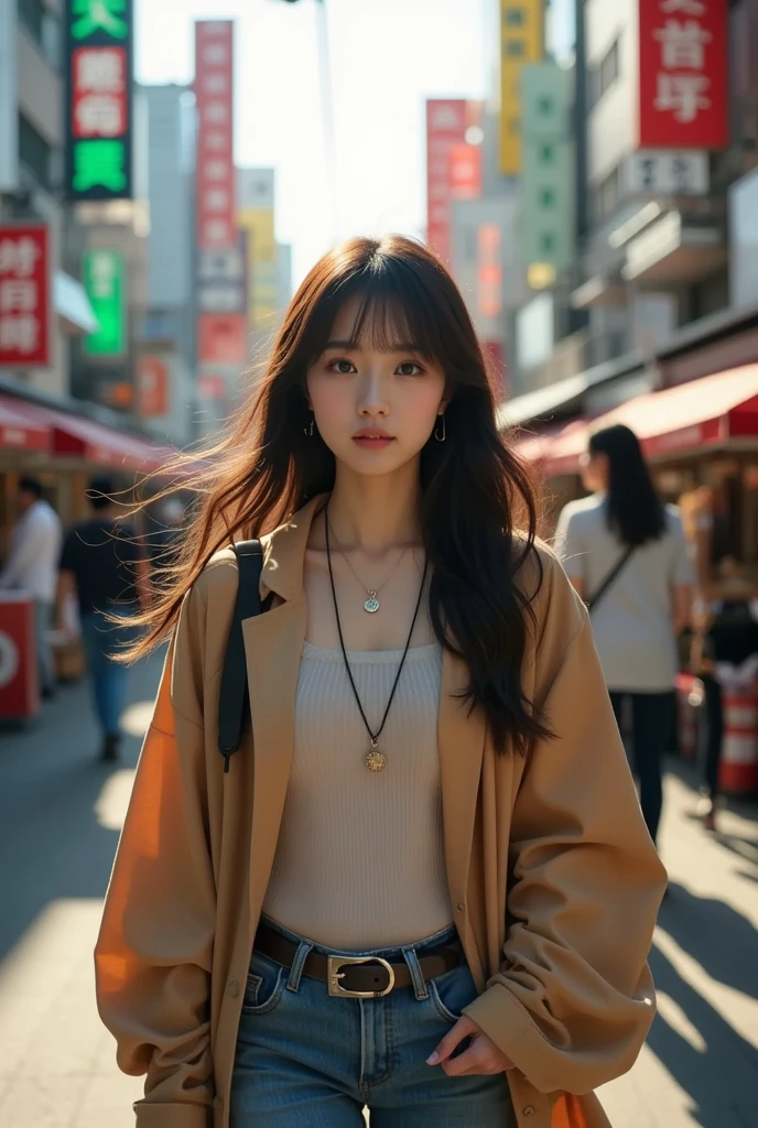 A young Japanese woman exudes an air of effortless chic as she navigates the bustling streets of Tokyo. Her style is a seamless blend of tradition and contemporary fashion, with a kimono-inspired jacket casually draped over her shoulders and paired with modern high-waisted jeans. Her hair, a silky waterfall of dark waves, catches the sunlight, shimmering with vitality. Around her neck, a delicate pendant rests, glinting with every move. Her eyes, lively and curious, observe the vibrant city life around her. The aroma of street food mingles with the crisp air of the Tokyo metropolis, creating a sense of energy and opportunity. The cityscape, filled with colorful signage and the hum of conversations, serves as her dynamic backdrop, as if the entire city is a living canvas reflecting her youthful exuberance.